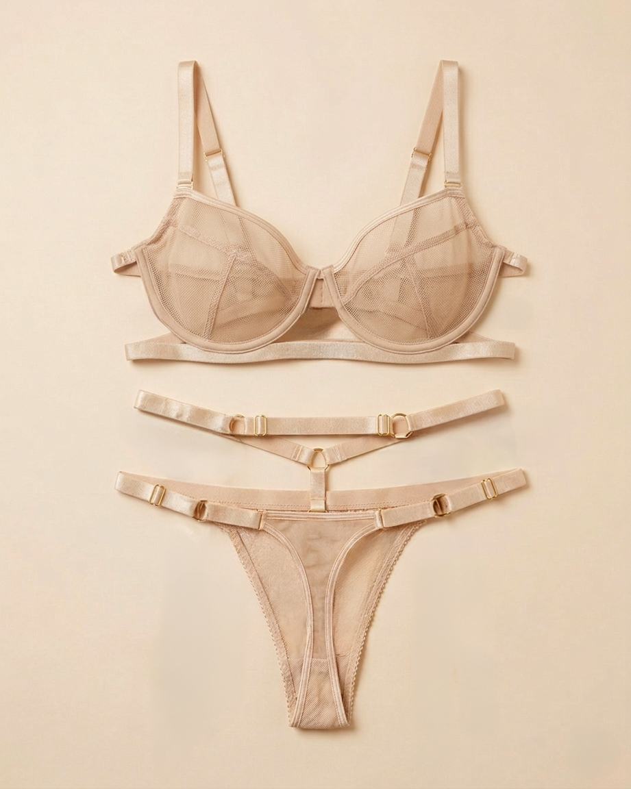 Satynowy Komplet Bielizny - Aura Satin Nude