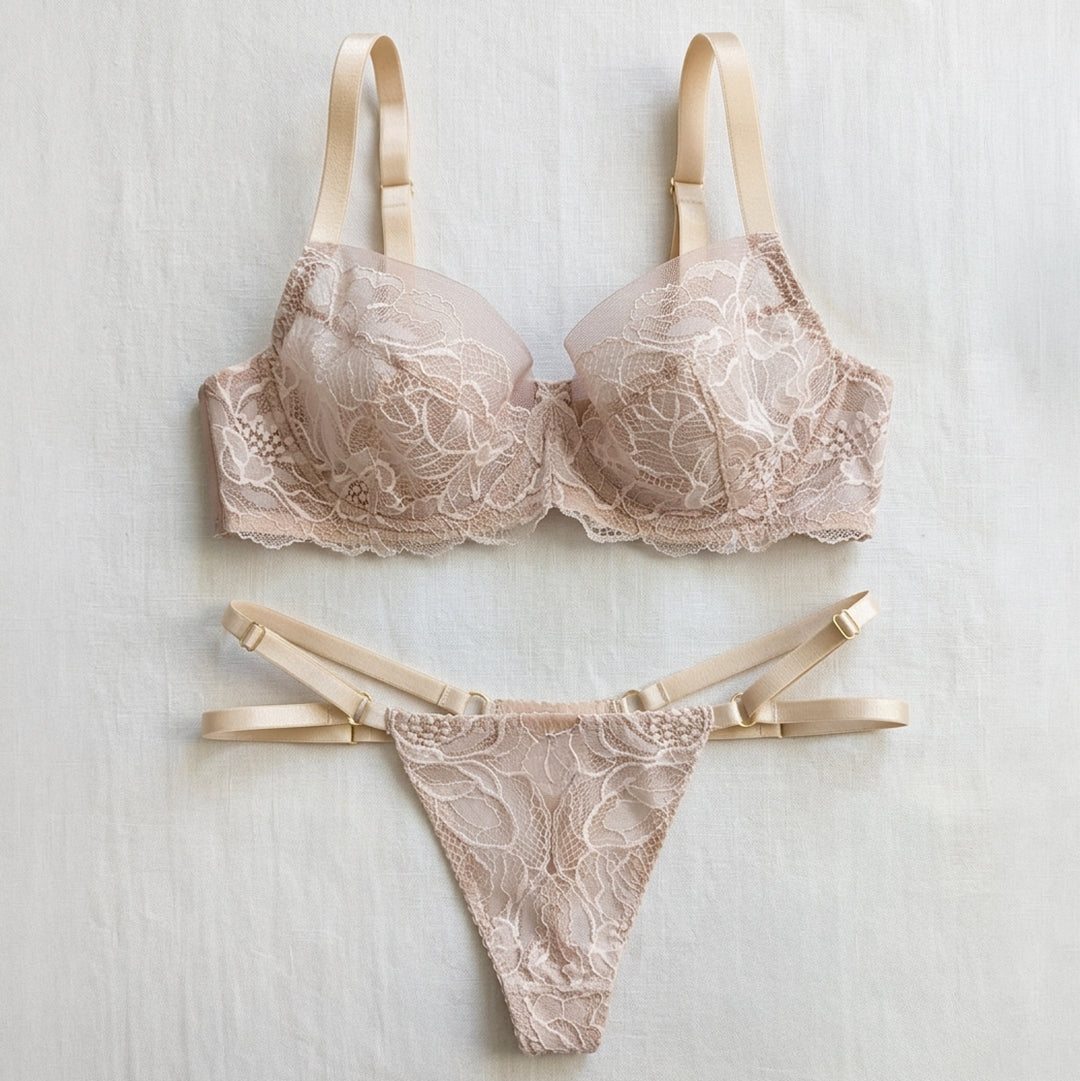 Elegancja w Odcieniu Beżu - Luksusowy Komplet z Haftowanej Koronki